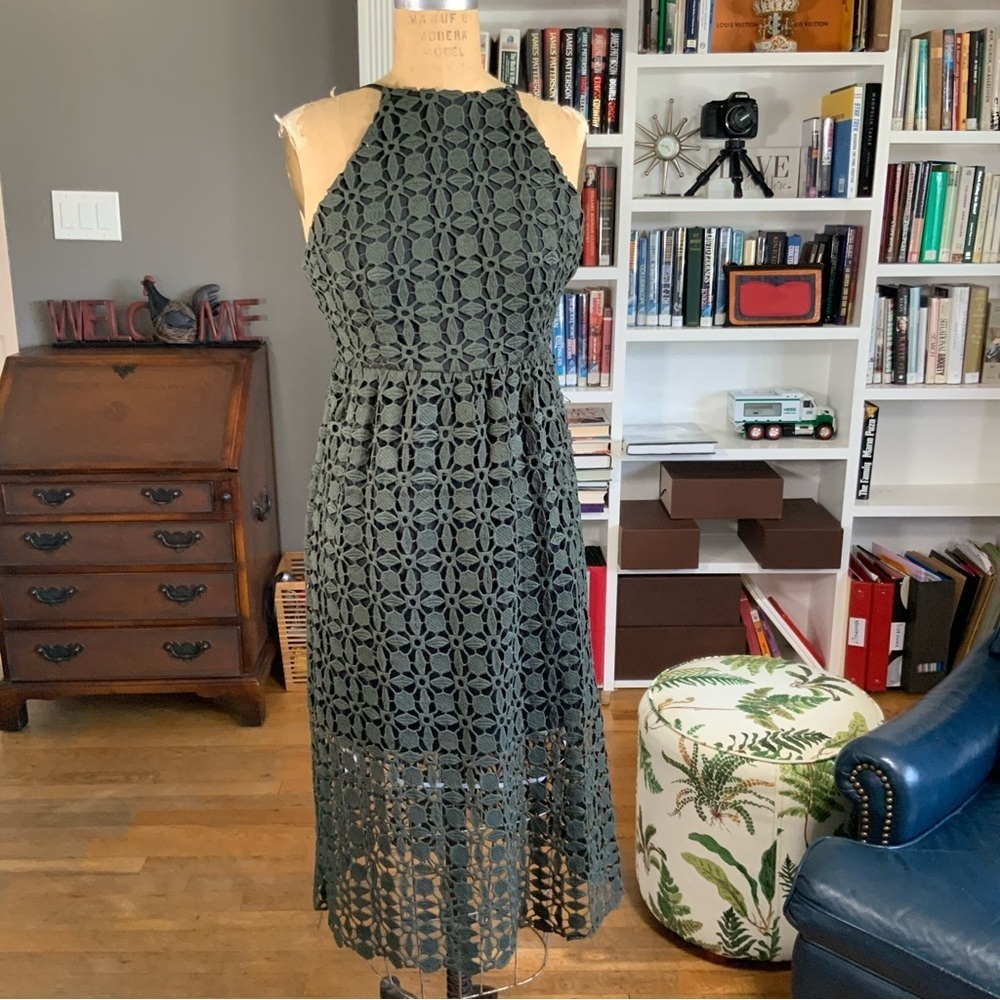 AQUA Olive Green Midi Lace Dress Size S